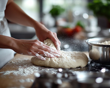 Hands skillfully kneading dough on a floured countertop in a warm kitchen.の素材