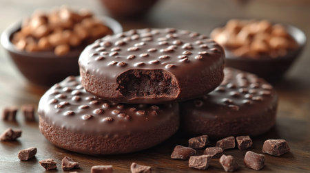 Three decadent cookies with chocolate coating and sprinkles beckon sweet lovers.の素材