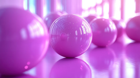 Shimmering pink spheres create a captivating arrangement on a polished surface.の素材