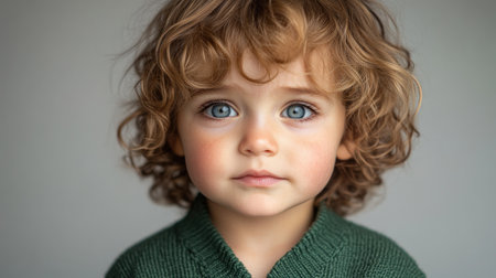 Soft curls frame the child's face as bright blue eyes show curiosity and wonder.の素材