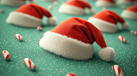 Colorful Christmas hats and candy canes create a joyful holiday atmosphere.の素材