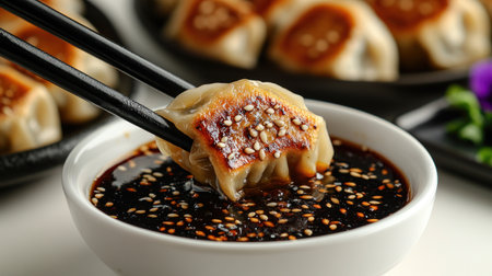 Savoring a perfectly fried dumpling in rich soy sauce as twilight sets in.の素材