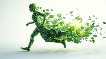 A dynamic figure composed of foliage sprints forward, celebrating the energy of nature.の素材