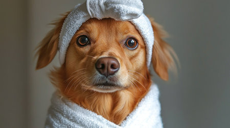 A cozy dog wrapped in a towel, enjoying a moment of pampering at home.の素材