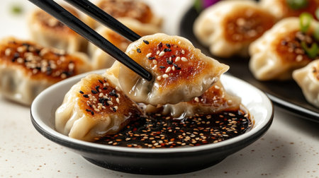 Delight in crispy dumplings paired with flavorful dipping sauce.の素材