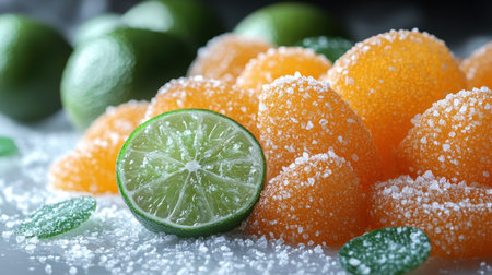 Colorful gummy treats glisten with sugar, paired with fresh lime for a zesty delight.の素材