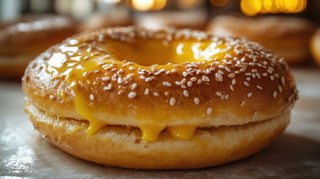 Mouthwatering donut filled with melted cheese, resting on a rustic surface.の素材