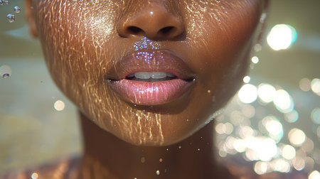 A woman's luminous face shines as sunlight dances on water, creating a magical effect.の素材
