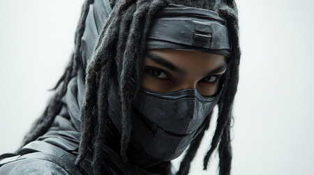 A mysterious figure prepares for an intense battle, embodying stealth and power.の素材