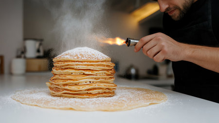 A chef expertly caramelizes sugar on a tall stack of pancakes using a kitchen torch.の素材
