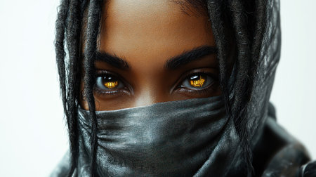 A mysterious figure with golden eyes peers through a black scarf.の素材