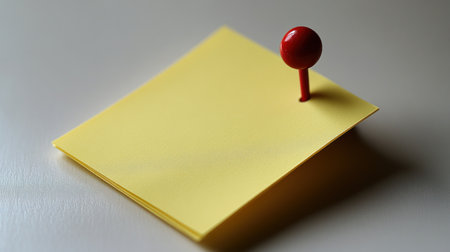 A cheerful yellow sticky note is secured by a bold red pushpin, creating visual interest.の素材