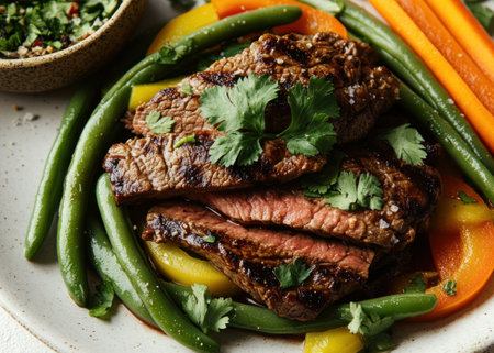 Tender grilled steak with fresh greens and colorful veggies creates a feast.の素材