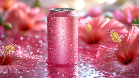 A chilled pink drink stands among lush hibiscus blooms, glistening in sunlight.の素材