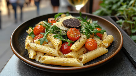 Pasta with fresh tomatoes and truffle makes a perfect sunny day dish!の素材