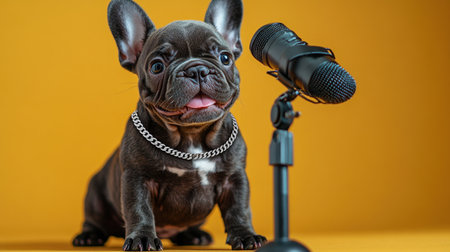 A playful French Bulldog poses next to a microphone, showing its adorable charm.の素材
