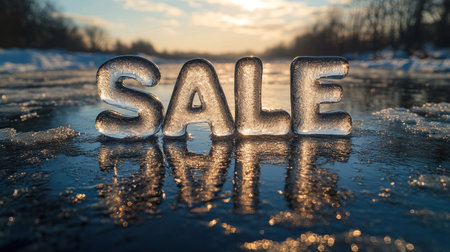Glittering ice letters form the word sale against a serene winter landscape.の素材