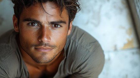 A confident young man gazes directly, showcasing his unique charm and relaxed demeanor.の素材
