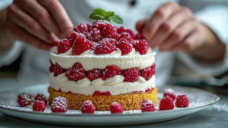 A baker assembles a layered raspberry cake, adding fresh berries and a dusting of sugar.の素材