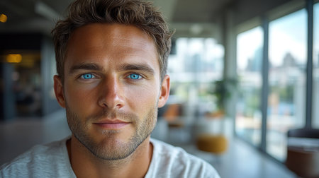 A young man with captivating blue eyes sits in a chic cafの素材