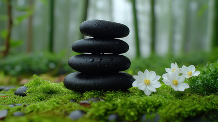 A tranquil arrangement of stones rests among vibrant green moss and blooming flowers.の素材