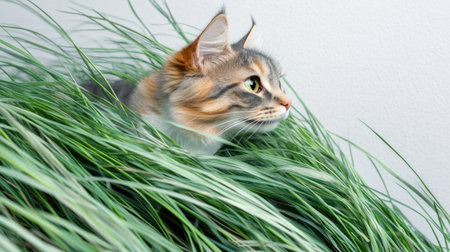 A playful cat lounges in tall grass, curiously observing its surroundings.の素材