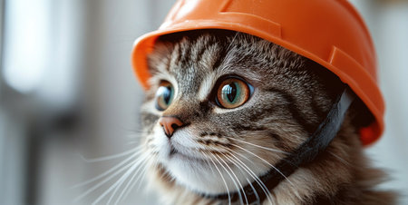 A cute cat with striking eyes dons an orange helmet, showing its playful spirit.の素材