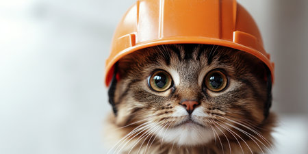 A fluffy cat in a vibrant orange helmet looks inquisitively at its surroundings.の素材