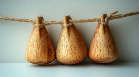 Three beautifully crafted wooden ornaments hanging gracefully on twine indoors.の素材