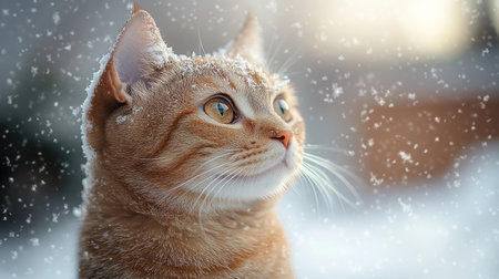 A playful feline observes delicate snowflakes drifting through a serene winter landscape.の素材