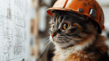 A diligent cat wearing a hard hat examines detailed plans in a workshop.の素材