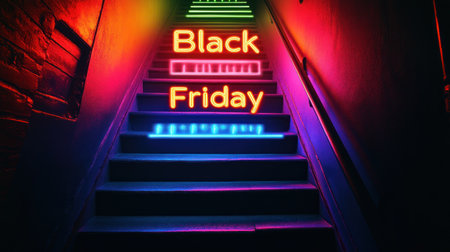 Vivid neon lights lead down the stairs, announcing Black Friday deals with colorful flair.の素材