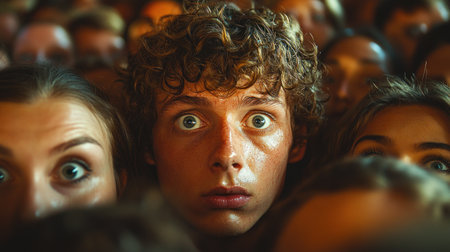 A young person stands out with wide eyes, surrounded by an anxious crowd at twilight.の素材