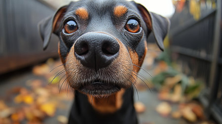 A playful dog investigates colorful fallen leaves in a tranquil setting.の素材