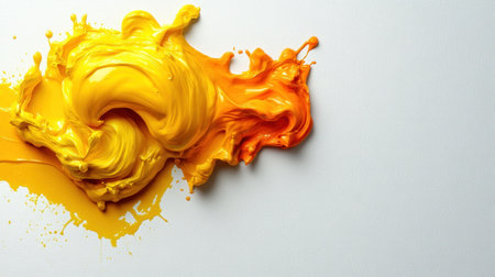 A lively blend of yellow and orange paint flows together, showcasing creativity.の素材
