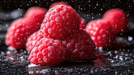 Ripe raspberries sit elegantly as mist floats around in a culinary masterpiece.の素材