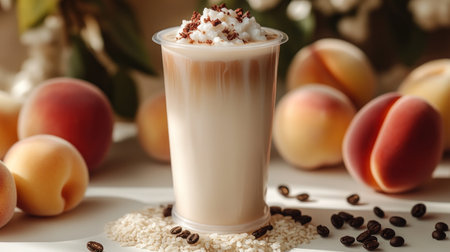 Enjoy this creamy peach drink topped with chocolate shavings and fresh fruit.の素材