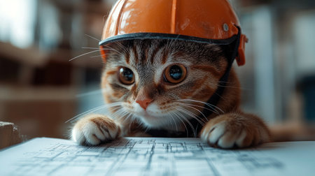 A playful kitten studies construction plans while donning a tiny hard hat.の素材