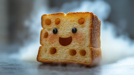 A joyful piece of bread exudes warmth and happiness in a vibrant kitchen atmosphere.の素材