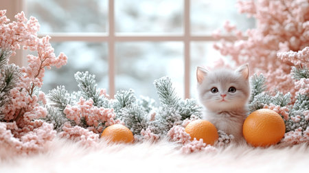 A fluffy gray kitten peeks out from behind oranges and frosted foliage.の素材