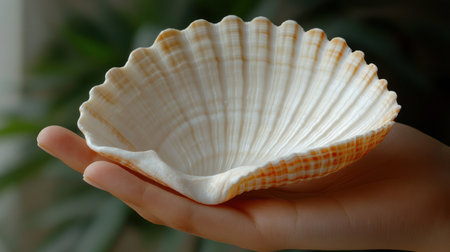 A hand gently holds a stunning seashell, showing its intricate patterns and textures.の素材