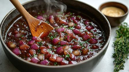 Steam rises from a rich onion soup filled with vibrant ingredients, inviting warmth.の素材