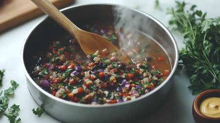 A warm medley of vegetables and herbs gently cooks in a pot.の素材