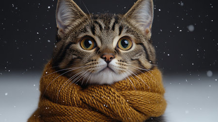 A fluffy feline adorned in a bright scarf watches snowflakes gently drift down.の素材
