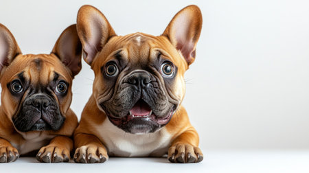 Two playful French Bulldogs lay side by side, looking curiously into the distance.の素材