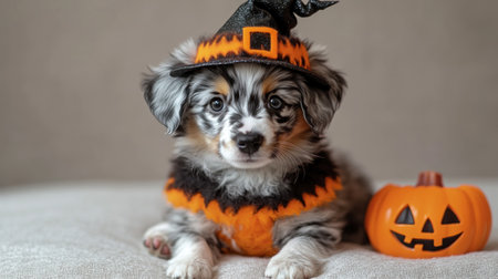 A cheerful puppy in an orange and black witch costume is celebrating Halloween.の素材