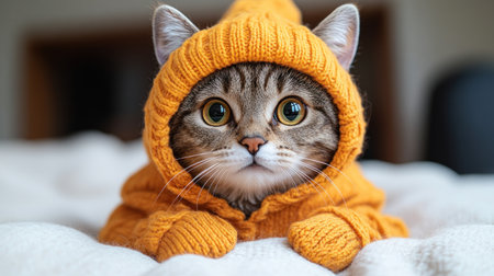 A playful tabby cat dressed in a cozy orange hoodie relaxing comfortably indoors.の素材