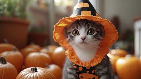 A cute kitten in a witch hat enjoys a playful moment among bright pumpkins.の素材