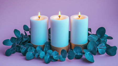 Three glowing candles surrounded by eucalyptus create a calming ambiance.の素材