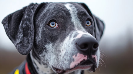 A close-up view of a dog with mesmerizing blue eyes displaying curiosity in nature.の素材
